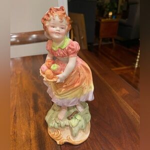 Vintage GIRL FIGURINE Barefoot with Apples Basket CAPODIMONTE 10" Tall Porcelain